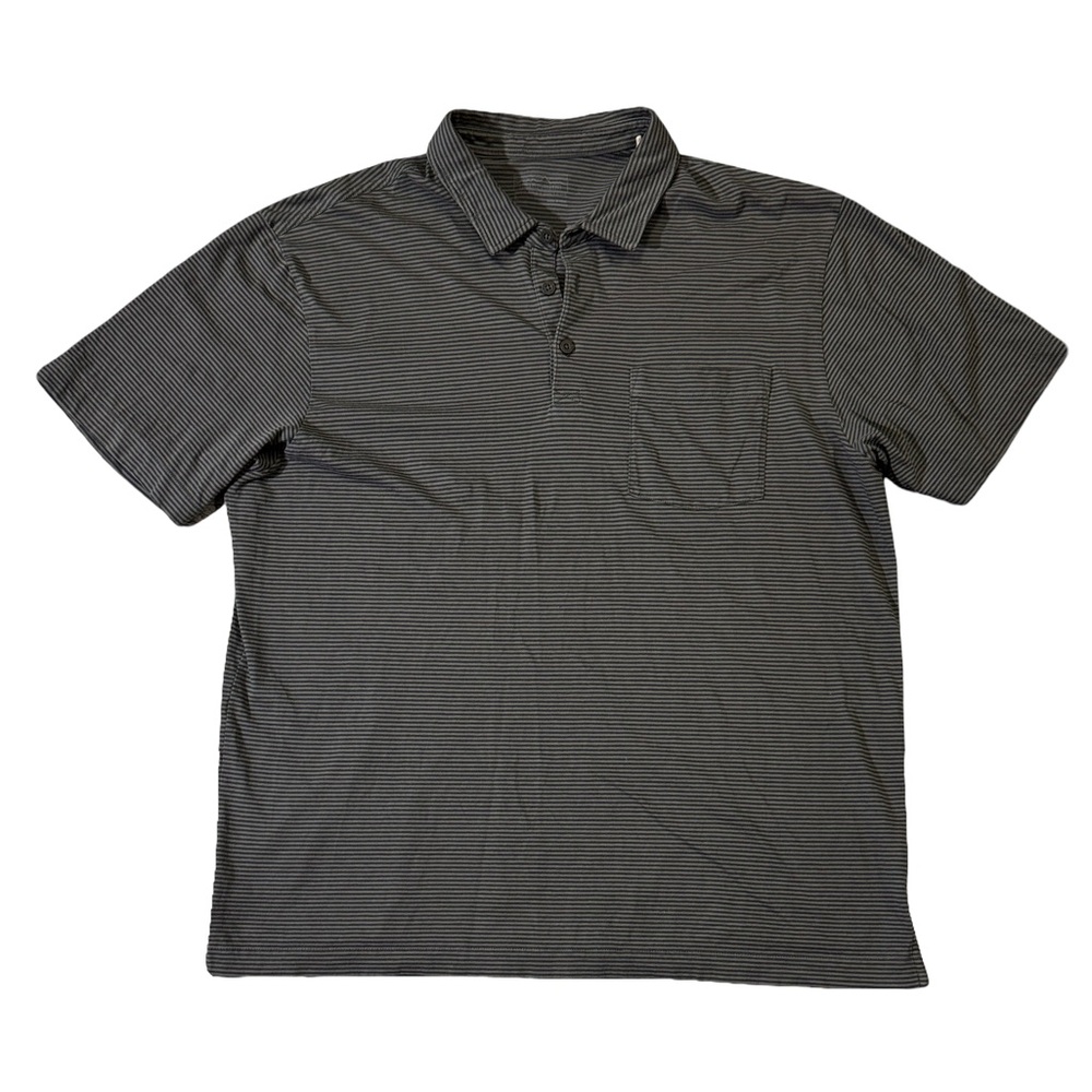 Patagonia mens L Large gray stripe soft cotton outdoor polo shirt EUC